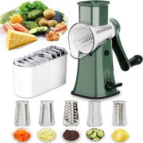Bnunwish 601263906834 Manual Rotary Cheese Grater Grinder- 5 Interchangeable Blades Round Mandoline Ve