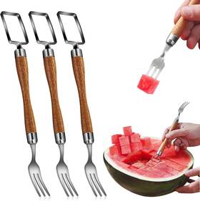 Lq3224 Brand Lintsing 2-in-1 Stainless Steel Fruit Cutter 2024 New Watermelon Fork Slicer Wood 3pc