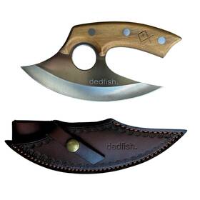 Dedfish. 850032438865 Olive Wood Handle Crescent Blade Ulu Knife With Leather Sheath - Mul