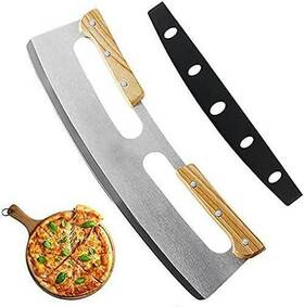 Eopro 763032859106 14 Inch Pizza Cutter Mezzaluna Chopper Salad Rocker Knife With Wooden Handle