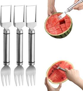 Dh117 Fantexy 3 Pcs 2-in-1 Watermelon Fork Slicer Cutter Dual Head Stainless Steel