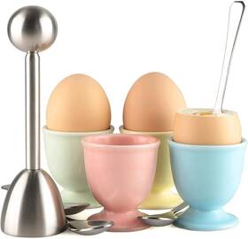 Forkmannie 646690183663 Ceramic Egg Cup Cracker Topper Set For Soft Hard Boiled Eggs Shell Remova