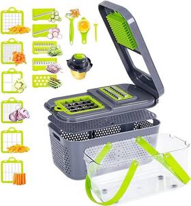 20231019-01 Garlerio 22-in-1 Vegetable Chopper And Mandoline Slicer With 13 Blades Green/grey