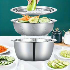 Huanghe 726084517806 3-in-1 Stainless Steel Salad Slicer Strainer And Cutter Drain Basket For Kitchen