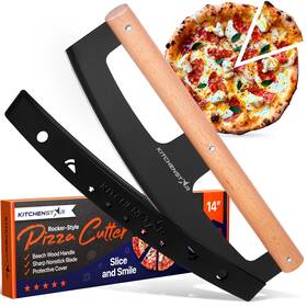 Kitchenstar 731851526202 14 Inch Pizza Cutter Rocker By - Razor Sharp Stainless Steel Slicer Knife W Woode