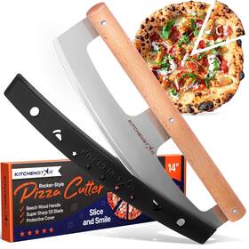 Kitchenstar 731851526219 14 Inch Pizza Cutter Rocker By - Razor Sharp Stainless Steel Slicer Knife W Woode