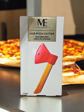 183014 Modern Expressions Me Brand Axe Pizza Cutter Bamboo Handle Stainless Steel Cutting Blade