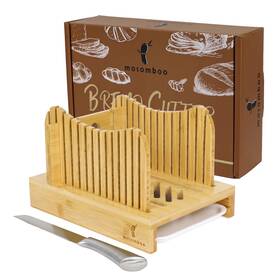 Mosomboo 852612001636 Bamboo Bread Slicer - Foldable Compact Cutting Guide With Serrated Knif