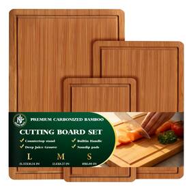 Usna-0023-sml Nabreeli Bamboo Cutting Board Set Of 3 Carbonized Wood Chopping Boards With Juice Gro