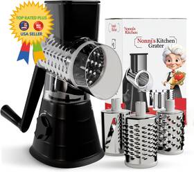 Nonnis Kitchen 198168329443 Rotary Cheese Grater Hand Crank - Counter Top 3 Blade Manual Black