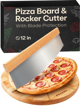 Praknu 251710602077 Wood Cutting Board Serving Pizza 12-inch With Rocker Cutter Protective Blade
