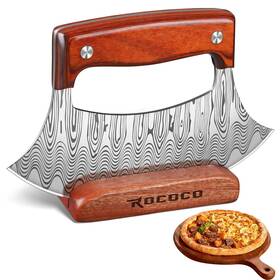 Knife31-ulu Rococo Pizza Cutter Ulu Knife Full Tang Mezzaluna Rocker With Wood Block For