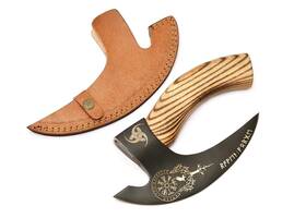 Blk123 Us Blades Custom Handmade Carbon Steel Blade Viking Pizza Cutter Axe With Leather Sheath