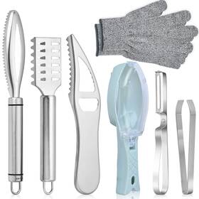 Worldity 681599702386 7 Pieces Fish Scaler Brush Remover With Gray Mitten Stainless Steel Sawtooth