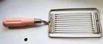 Vintage Progressus Tomato Slicer, Serrated Blades, Nice Pink Handle, 11.5" Long. Fixed Price $5.85.