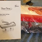 Genius Nicer Twist 7PC Push Food Chopper Set, 5 Cup Mixing Bowl, Red/white/clear. Fixed Price $23.47.