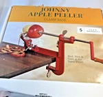 Johnny Apple Peeler Countertop Red Clamp Base Mount Wood Handle Original Box. Fixed Price $25.00.