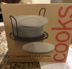 Cooks 12-PIECE White Porcelain Salad Plates Set 7.5" With Collapsible Rack. Fixed Price $42.24.