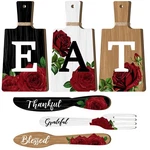 6 Pcs Cutting Board Kitchen Decor Red Rose Eat Sign Set Wooden Knife .... Fixed Price $25.31.