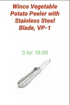 3 Winco Vegetable Potato Peelers With Stainless Steel Blade, VP-1. Fixed Price $18.50.