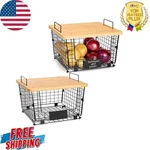 Kitchen Counter Basket W/ Bamboo Top Pantry Organization Fruit Vegetable 2 Sets. Fixed Price $54.70.