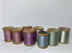 8 Vintage Mercanized Pastel Wooden Spools Of Thread Lot Props. Fixed Price $7.99.