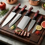 5PCS Kitchen Chef Knife Set J2 Steel Full Tang Red Wood Handle W/rolling Cover. Fixed Price $97.58.