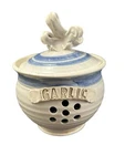 Stoneware Garlic Keeper French Country Ventilated Art Pottery Jar W/ Lid, Signed. Fixed Price $29.00.