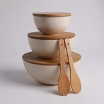 Bamboo Salad Set With Cutting Board Lids Cream (3 + Utensils). Fixed Price $19.50.