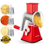 Nutrichef 3-IN-1 Cheese Grater Shredder, Red, Drums, Suction Base. Fixed Price $34.99.