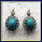 Antique Victorian Earrings Gold Silver Diamonds Turquoise French Sleepers (7690). Fixed Price $2999.00.