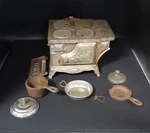 Vintage Eagle Cast Iron Stove Salesman Sample Miniature Pots Pans Accessories. Fixed Price $30.00.