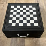 Sharper Image ALL-IN-1 Game Set Leather Case Chess Checkers Poker Collectible. Fixed Price $160.00.