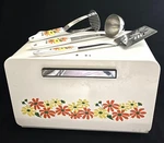 Vintage Ekco Metal Bread Box With Utensils Mcm Kitchen Storage Cabinet Canada. Fixed Price $89.00.