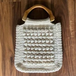 Meet Lillian Vtg Handmade Crocheted Handbag Wooden Handles & Floral Lining. Fixed Price $45.00.