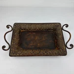 Footed Metal Ornate Decorative Tray With Handles Old World Vintage Style Patina. Fixed Price $22.00.